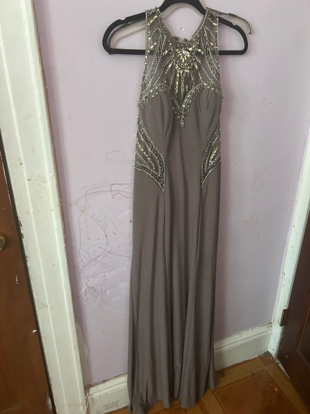 Source Unknown Taupe Beaded Halter Prom Dress